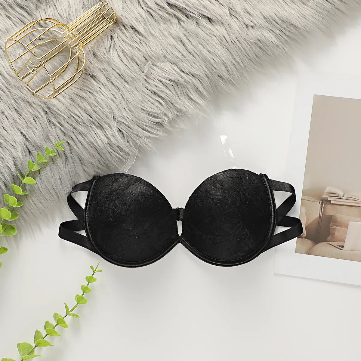Black Lace Strapless Push Up Bra