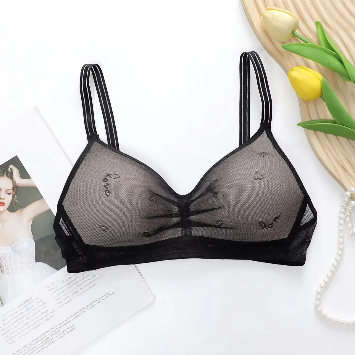 Black Mesh Embroidery Wireless Bralette