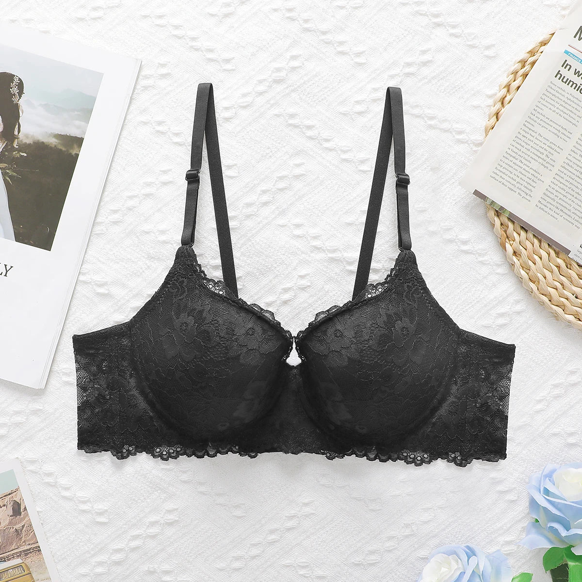 Black lace ribbon steel support Bra