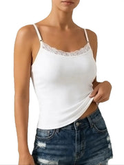 Floral Lace Trim Women Solid Tank Top Adjustable Thin Straps Camisole with Built-in Bra