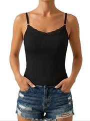 Floral Lace Trim Women Solid Tank Top Adjustable Thin Straps Camisole with Built-in Bra
