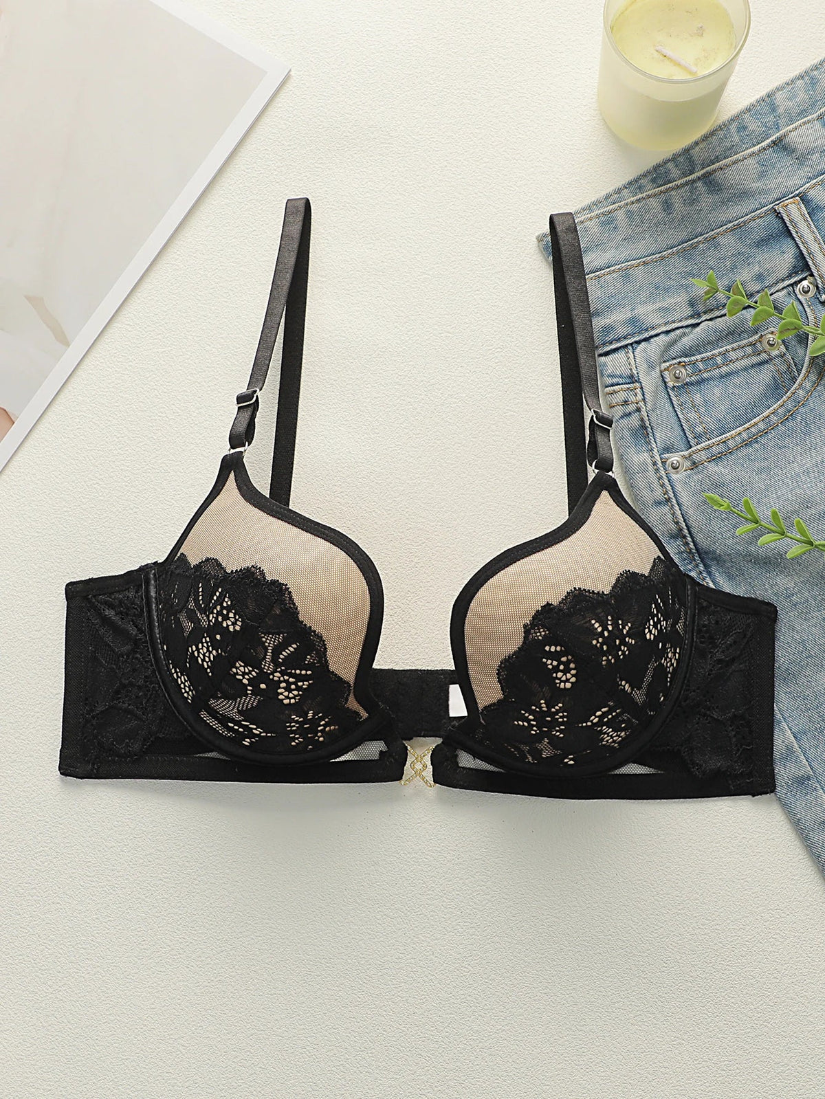 French Lace Sheer Mesh Underwire Bra