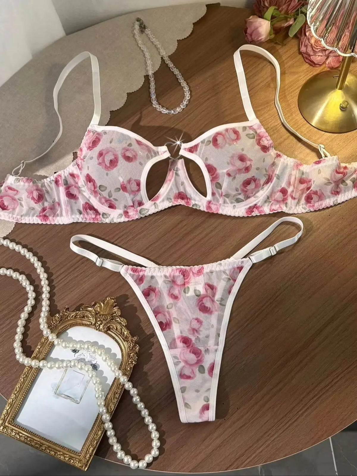 French Romantic Pink Rose Print Sheer Mesh lingerie
