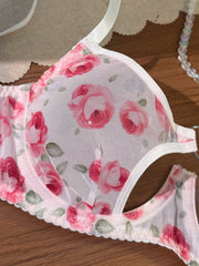 French Romantic Pink Rose Print Sheer Mesh lingerie