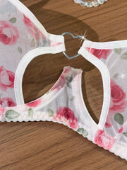French Romantic Pink Rose Print Sheer Mesh lingerie