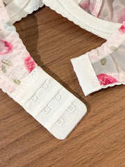French Romantic Pink Rose Print Sheer Mesh lingerie