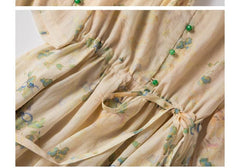 Elbow-Sleeve V-Neck Floral Button Front Midi Smock Dress