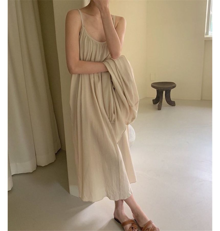 Spaghetti Strap Plain Shirred Midi A-Line Dress / Puff-Sleeve Open Front Jacket