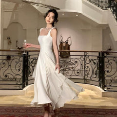 Sleeveless Square Neck Plain Asymmetrical Maxi A-Line Dress