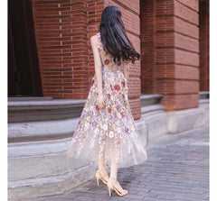 Spaghetti Strap Floral Print Mesh Midi A-Line Evening Dress