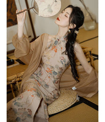 Halter-Neck Floral Print Midi Mermaid Dress / Puff-Sleeve Open Front Cardigan / Set