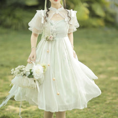 Short-Sleeve Plain Shrug / Sleeveless Mesh A-Line Dress / Set