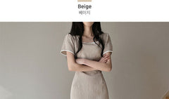 Short-Sleeve Square Neck Contrast Trim Midi A-Line Dress