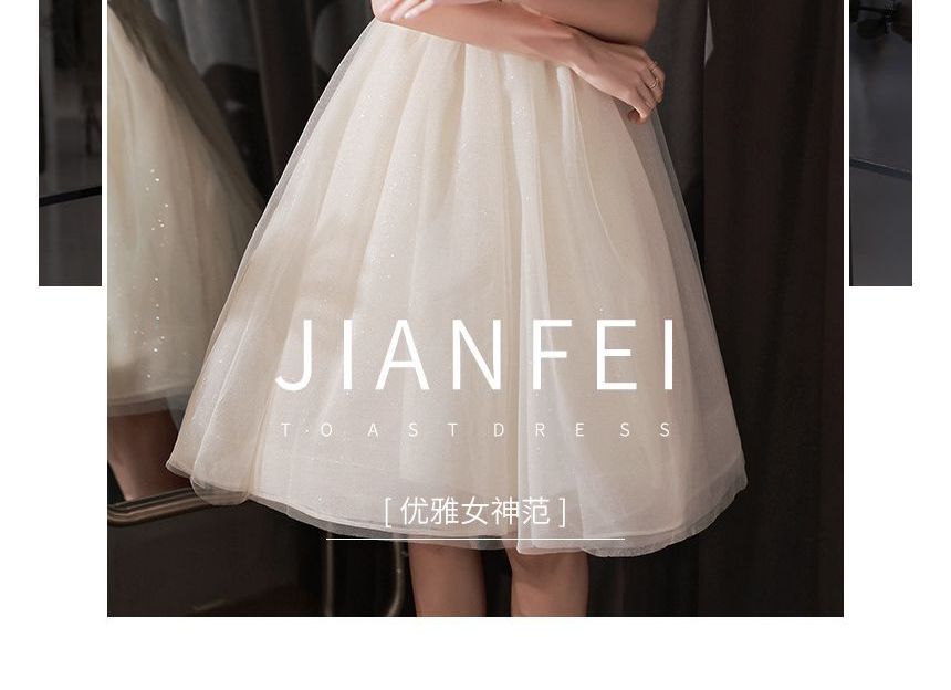 Puff Sleeve Sweetheart Neck Plain Ruched Mesh A-Line Cocktail Dress