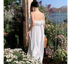 Plain Ruffle Satin Maxi Balloon Tube Dress