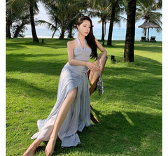 Halter-Neck Plain Knotted Shirred Slit Midi Sundress