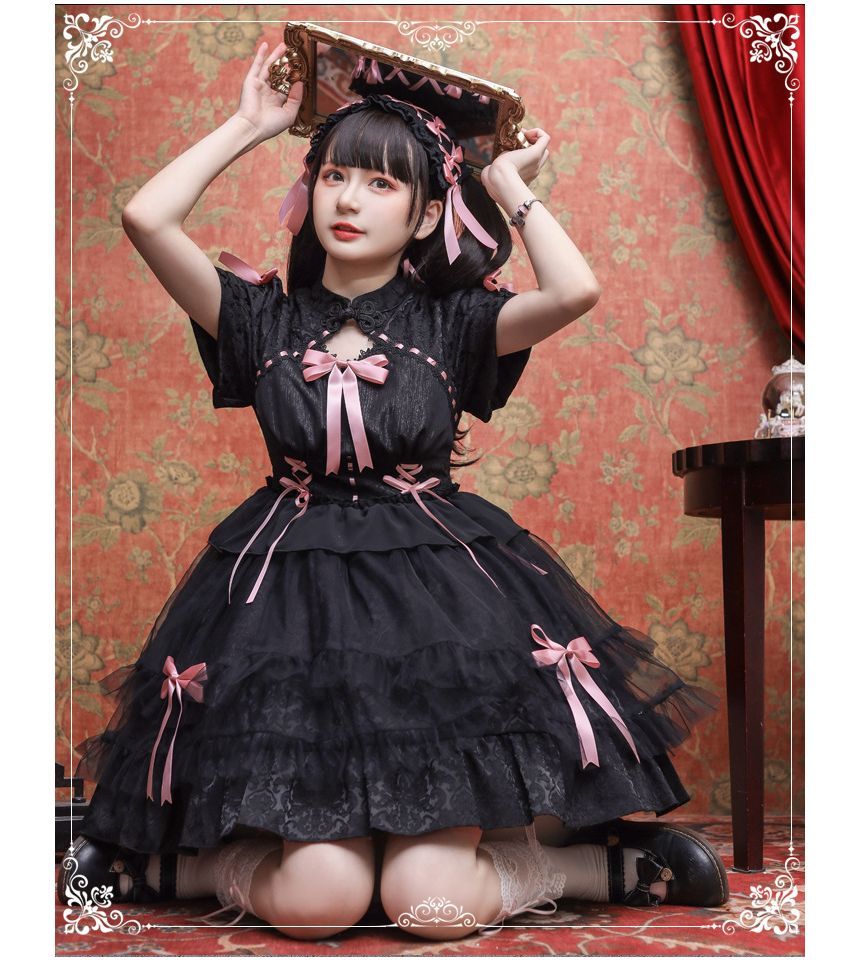Lolita Short-Sleeve Band Collar Bow Accent Two Tone Lolita A-Line Dress