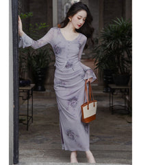 Set: Spaghetti Strap Floral Print Ruched Slit Midi Sheath Dress + V