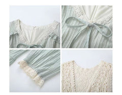 Lace Open Front Vest / Elbow-Sleeve V-Neck Plain Lace Trim Midi Smock Dress
