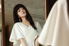 Elbow-Sleeve V-Neck Plain Maxi A-Line Dress