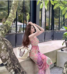 Halter Neck Print Midi Sheath Dress
