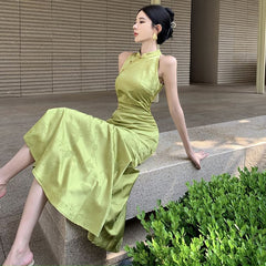 Sleeveless Mandarin Collar Ruched Jacquard Midi Mermaid Dress