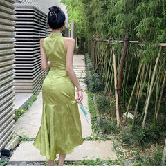 Sleeveless Mandarin Collar Ruched Jacquard Midi Mermaid Dress