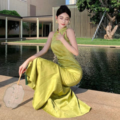 Sleeveless Mandarin Collar Ruched Jacquard Midi Mermaid Dress