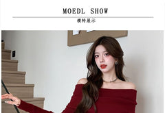 Long-Sleeve Off-Shoulder Plain Ribbed Mini Knit Sheath Dress