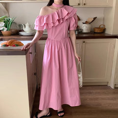 Puff-Sleeve One-Shoulder Plain Ruffle Maxi A-Line Dress