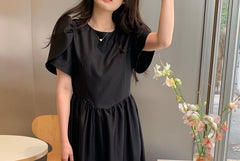 Short-Sleeve Round Neck Plain Midi A-Line Dress