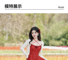 Spaghetti Strap Plain Flower Detail Ruffle Midi A-Line Dress