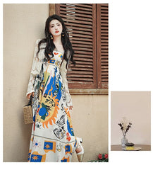 Spaghetti Strap Patterned Print Maxi A-Line Dress / Plain Crochet Cardigan / Scoop Neck Tassel Tank Top / Set