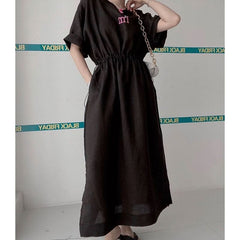 Short-Sleeve Lettering Drawstring Waist Slit Midi A-Line T-Shirt Dress