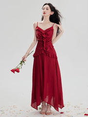 Spaghetti Strap Plain Ruffle Asymmetrical Maxi Sundress / Cardigan / Set
