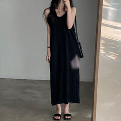 Sleeveless Ribbed Plain Maxi A-Line Dress