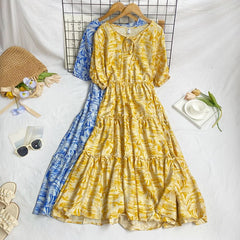 Short-Sleeve Round Neck Patterned Print Tiered Tie Front Midi A-Line Dress