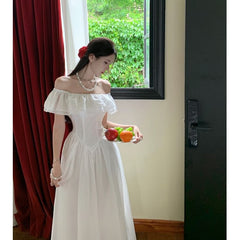 Off-Shoulder Plain Ruffled Midi A-Line Dress