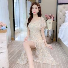 Short-Sleeve V-Neck Floral Print Asymmetrical Ruffle Hem A-Line Dress