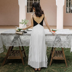 Spaghetti Strap V-Neck Two Tone Accordion Pleated Backless Panel Maxi A-Line Dress