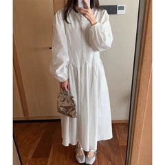 Lantern Sleeve Round Neck Plain Midi A-Line Dress