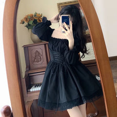 Long-Sleeve Square Neck Lace-Up Mini A-Line Dress