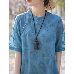 Short Sleeve Mandarin Collar Floral Embroidered Midi A-Line Dress