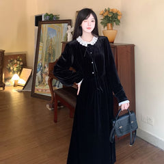 Long Sleeve Peter Pan Collar Lace Trim Velvet Midi A-Line Dress