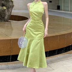 Sleeveless Mandarin Collar Ruched Jacquard Midi Mermaid Dress