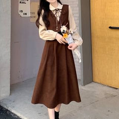 Mock Two-Piece Long-Sleeve Corduroy Two Tone Midi A-Line Dress