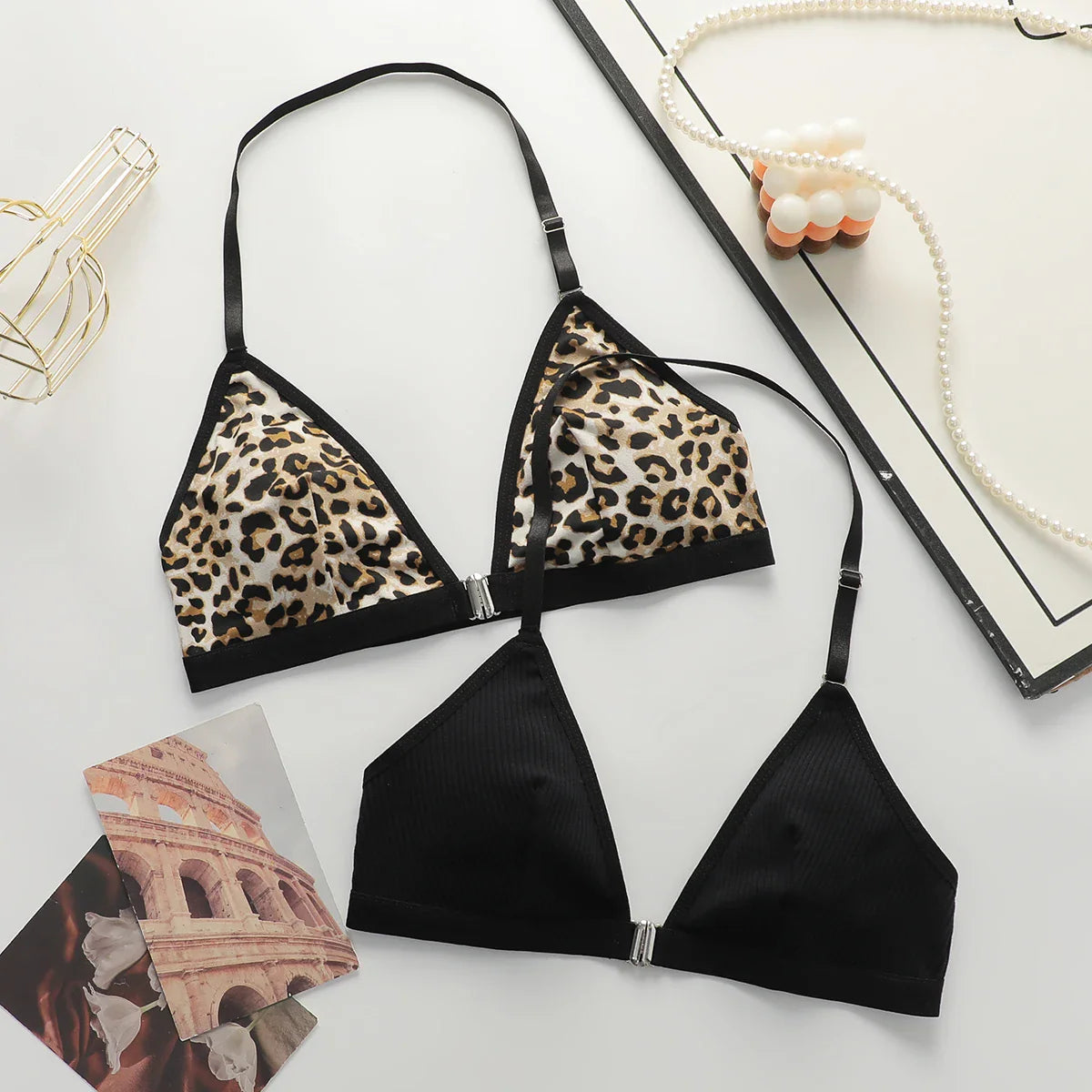 Leopard print black 2-piece set without steel rim or chest cushion women Underwear
