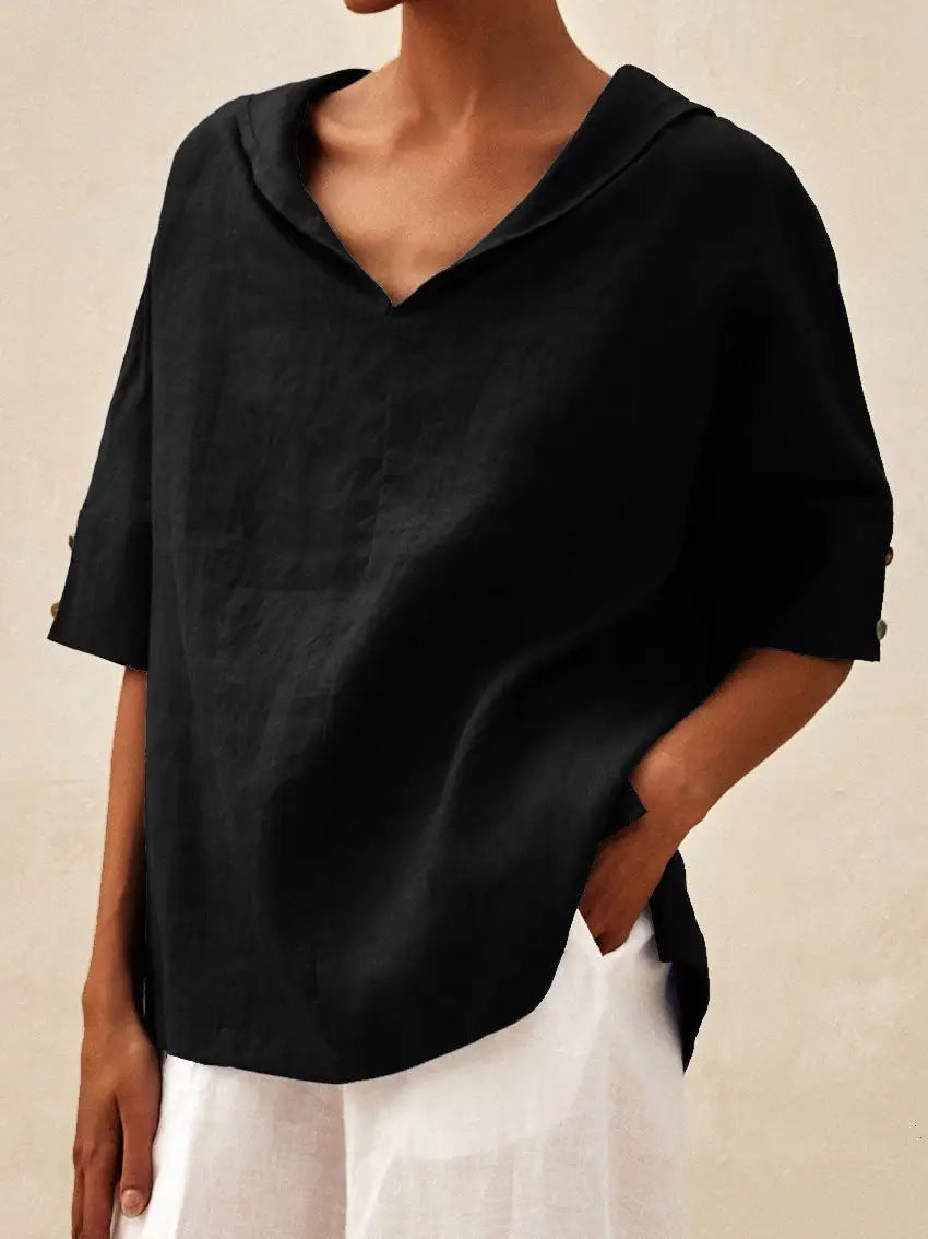 Solid Color Cotton And Linen Loose Top T-shirt