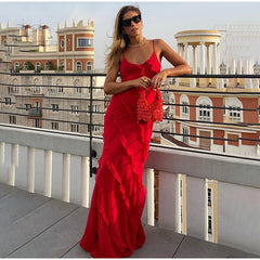 Halter Backless Slit Ruffle Dress