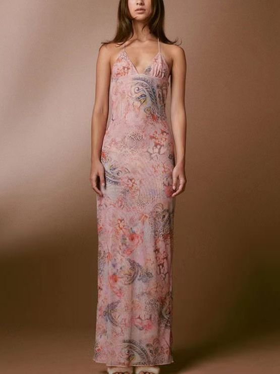 Mesh Double-Layered Strap Butterfly Midi Dress